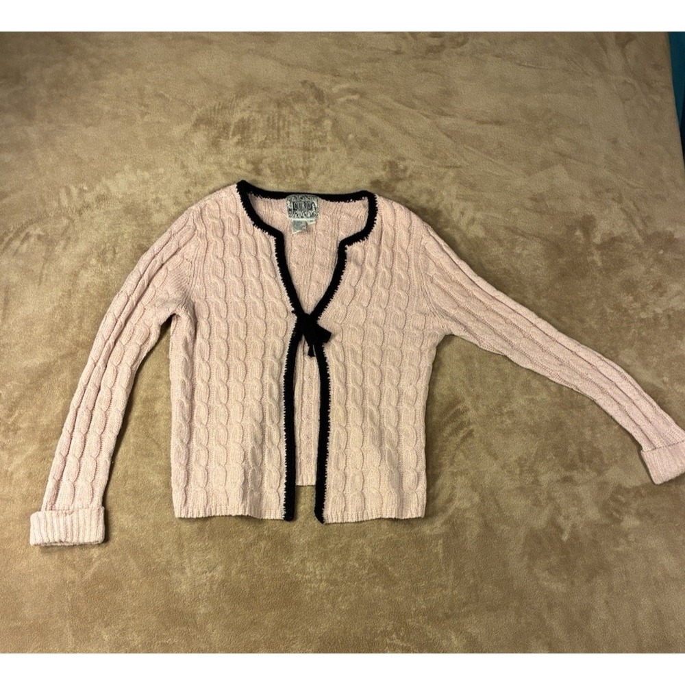 VTG Curio Pink‎ Cable Knit Cardigan Bow Tie Front Sweater Medium Grandmacore 90s